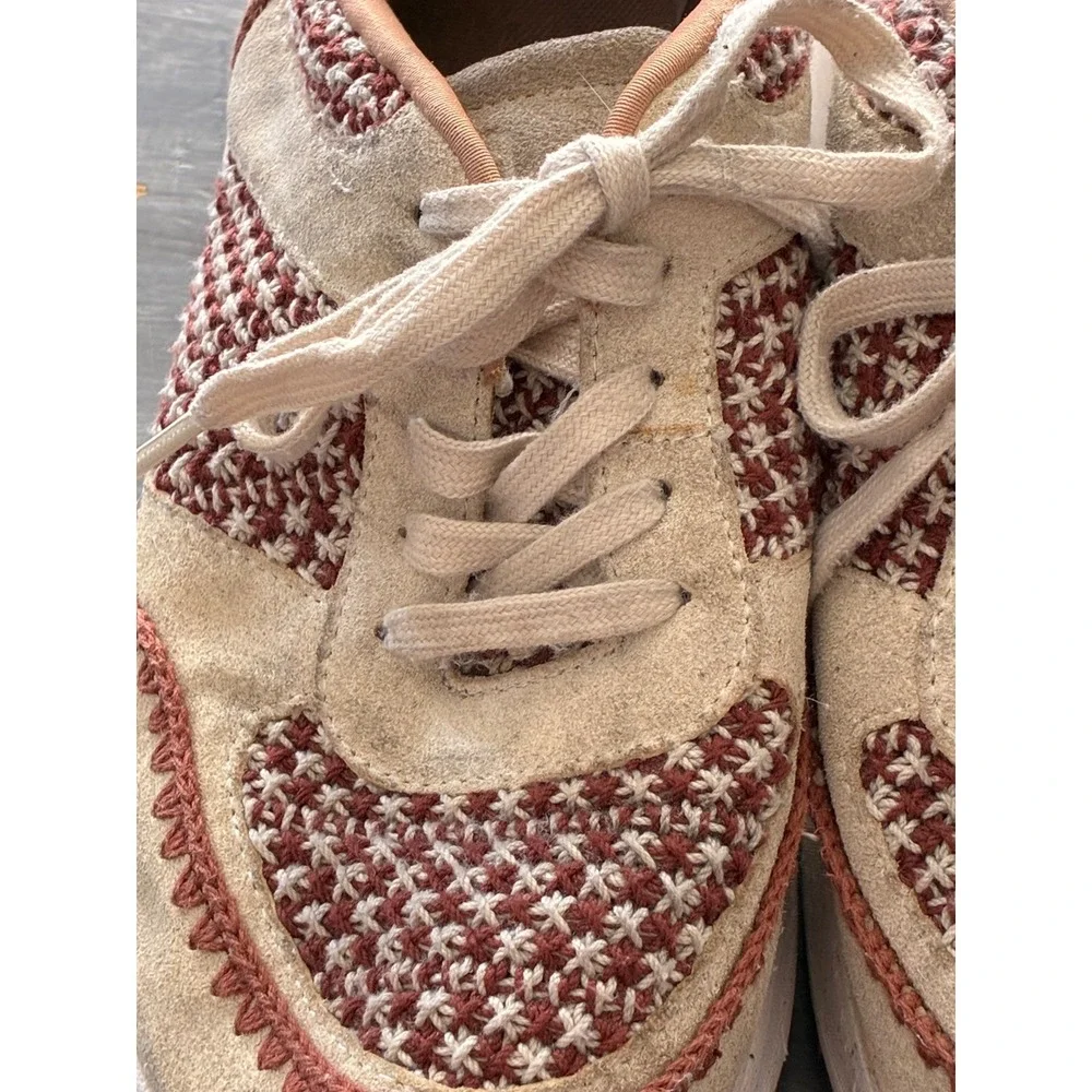 FitFlop Woven Knit Suede Platform Sneakers Burgundy Cream Tan Womens 7